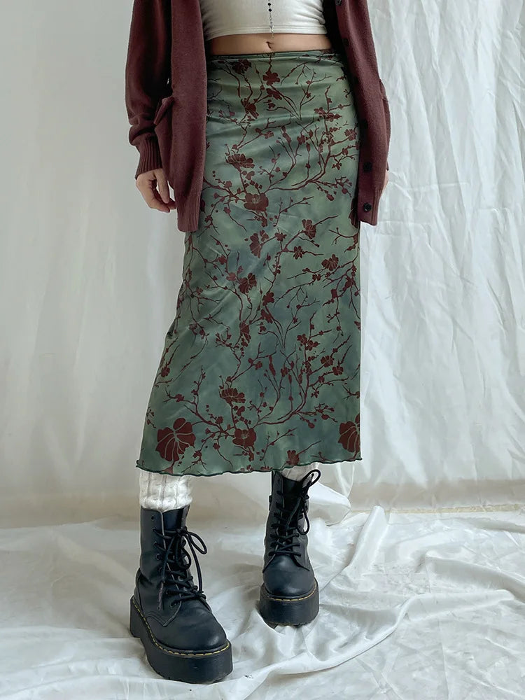 Y2K Tie-dye A-line Skirts Women‘s Fairycore Layered Mesh Fashion Floral Print Slim Black Streetwear Gothic Grunge Emo Maxi Skirt