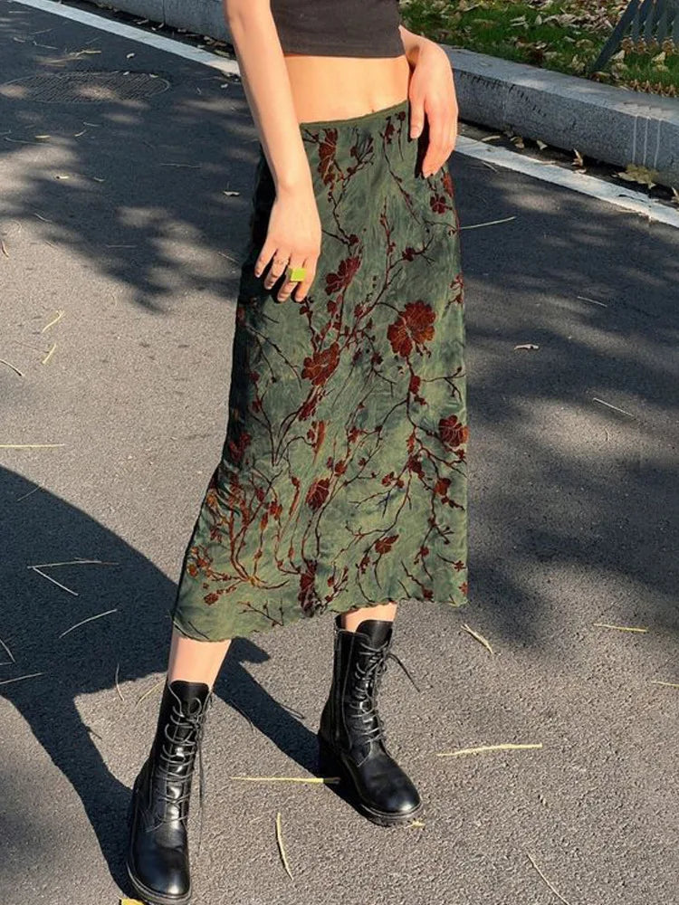 Y2K Tie-dye A-line Skirts Women‘s Fairycore Layered Mesh Fashion Floral Print Slim Black Streetwear Gothic Grunge Emo Maxi Skirt