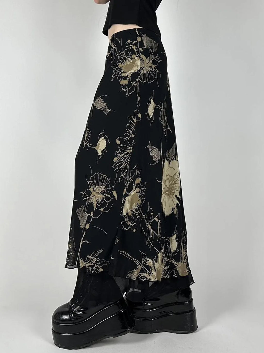 Y2K Tie-dye A-line Skirts Women‘s Fairycore Layered Mesh Fashion Floral Print Slim Black Streetwear Gothic Grunge Emo Maxi Skirt