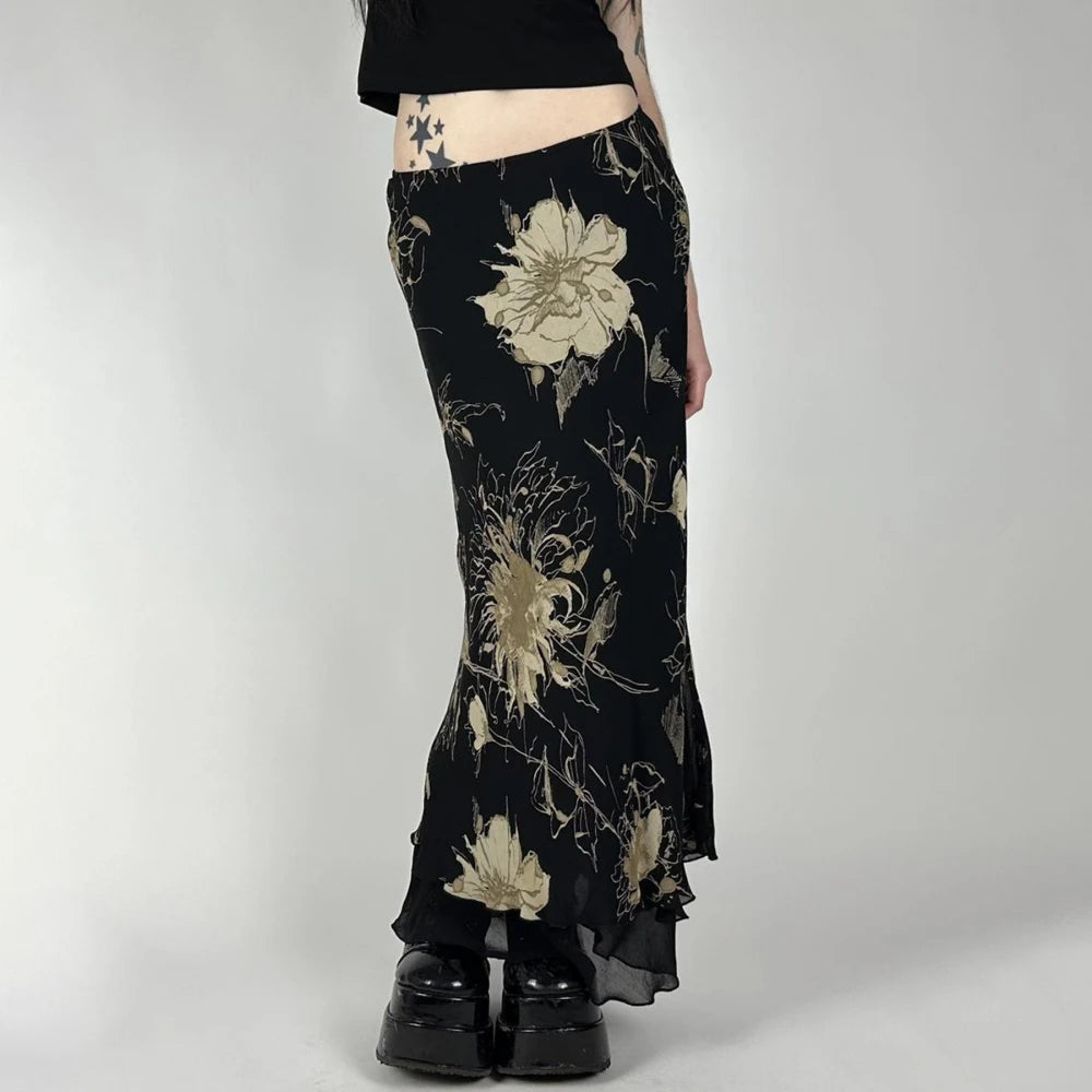 Y2K Tie-dye A-line Skirts Women‘s Fairycore Layered Mesh Fashion Floral Print Slim Black Streetwear Gothic Grunge Emo Maxi Skirt