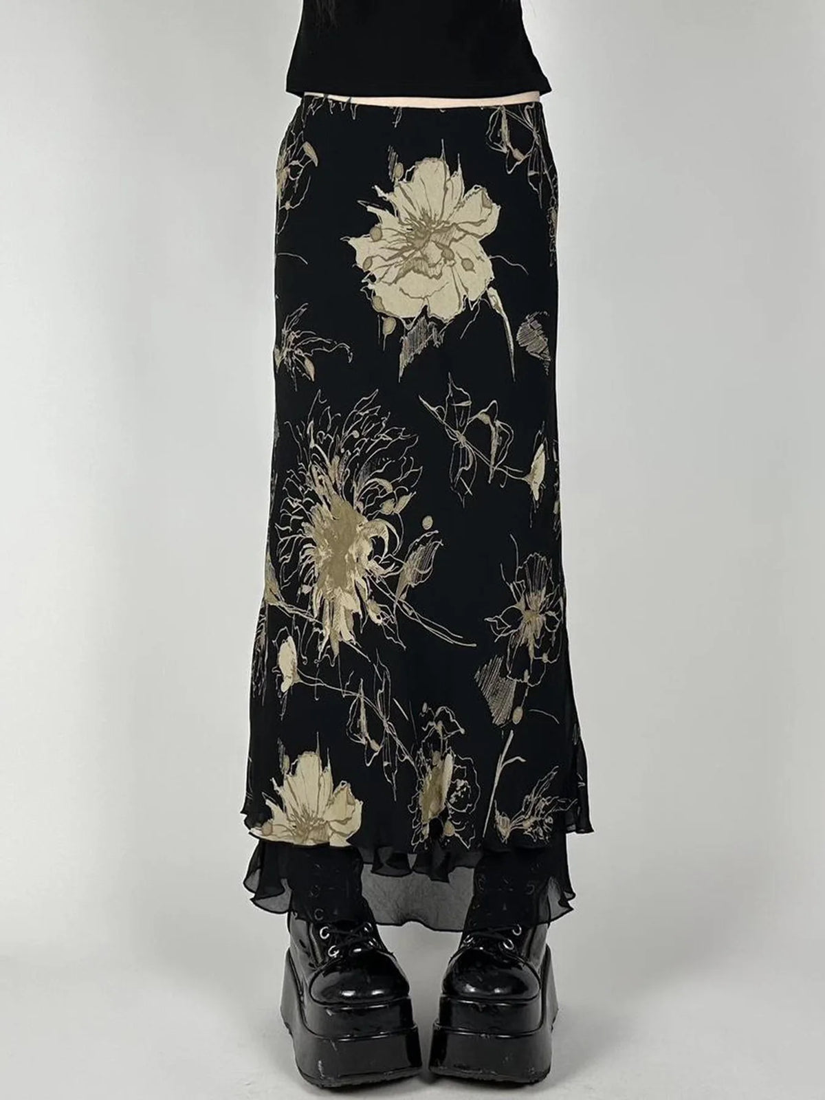 Y2K Tie-dye A-line Skirts Women‘s Fairycore Layered Mesh Fashion Floral Print Slim Black Streetwear Gothic Grunge Emo Maxi Skirt