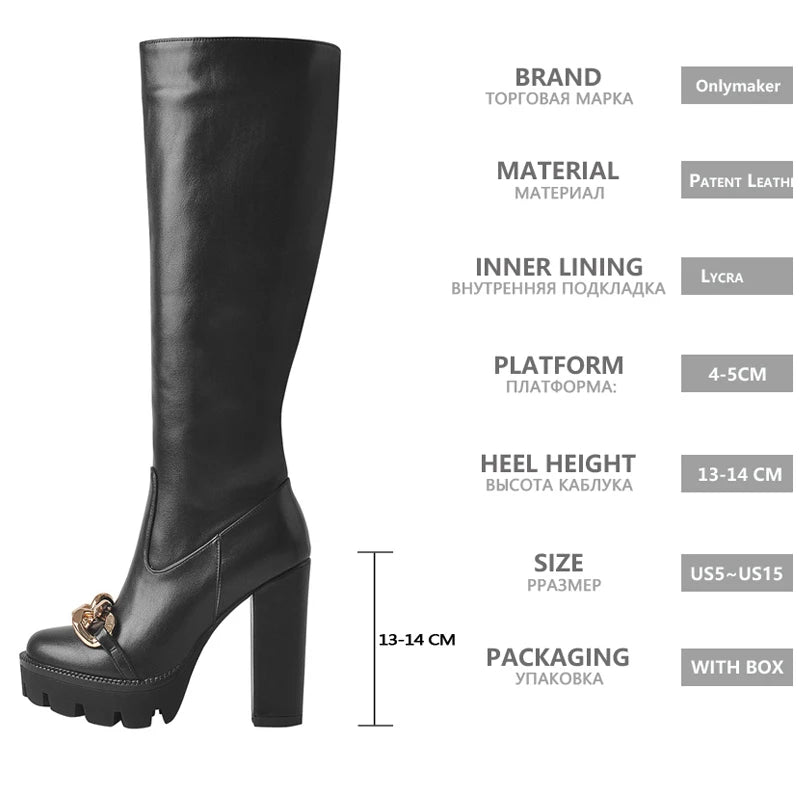 Onlymaker High Heel Boots Knee High Shoes Platform Metal Chain Matte Black Side Zipper Long Boots Big Size