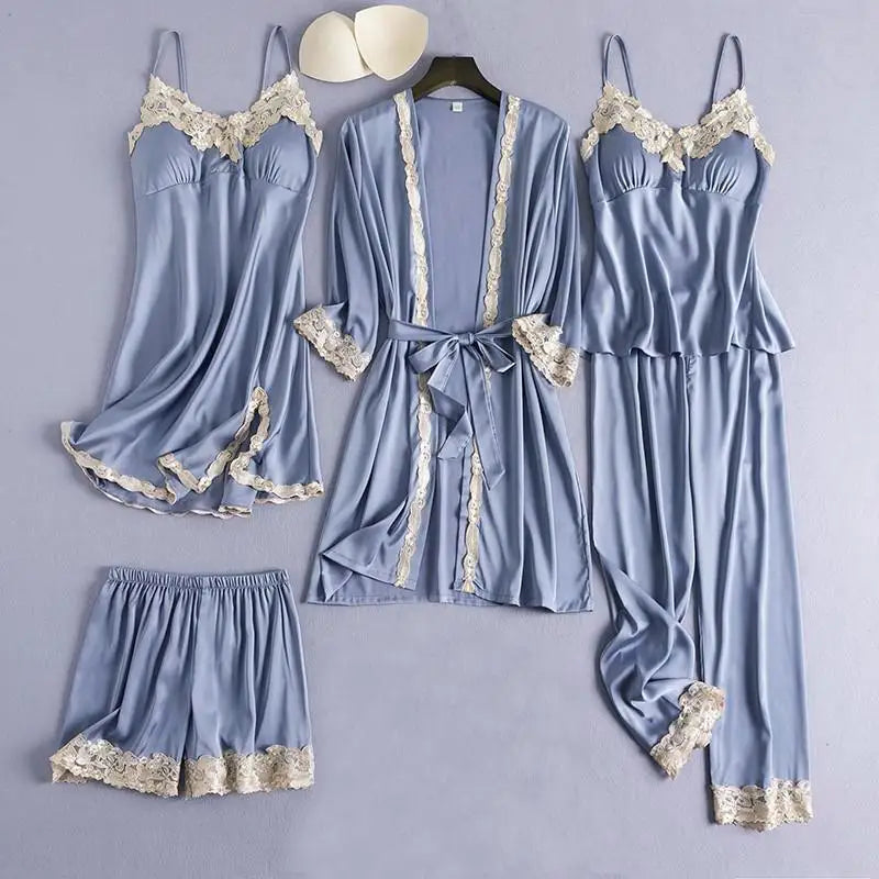 Black 5PCS Lace Satin Robe Gown Sets Sexy Womens Nighty Bathrobe Nightgown Sleep Suit Spring Sleepwear Home Kimono Pajamas