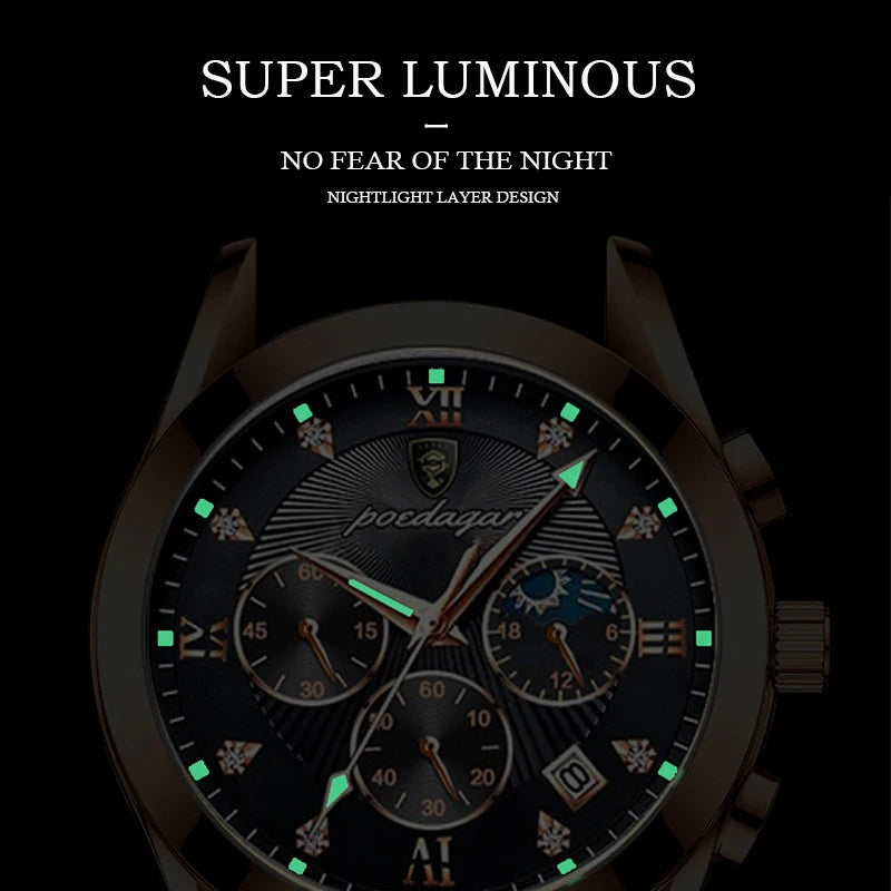 POEDAGAR 2021 Men Watches Top Brand Luxury Waterproof Luminous Leather Quartz Wristwatch Relogio Masculino Business Sport