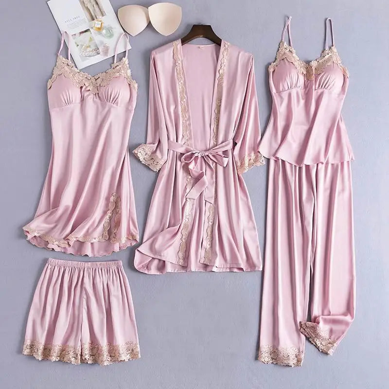 Black 5PCS Lace Satin Robe Gown Sets Sexy Womens Nighty Bathrobe Nightgown Sleep Suit Spring Sleepwear Home Kimono Pajamas