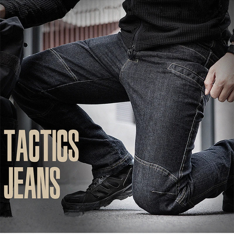 Men's  Jeans Pants Fall Military Straight Denim Tactical Long Trousers Stretch City Security Special Force Combat Pant Trousers