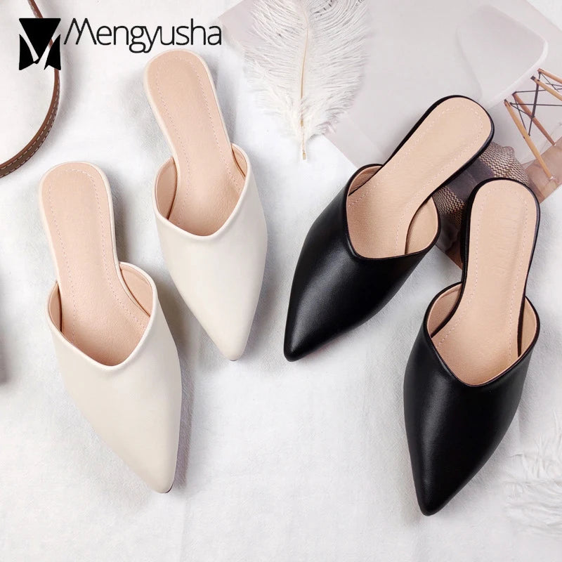 Solid Leather Flipflops Women Cover Toe Mules Pointy Toe Slides Home&Outdoor Shoes Ladies Comfy Antiskid Lazywomen Slippers 2026