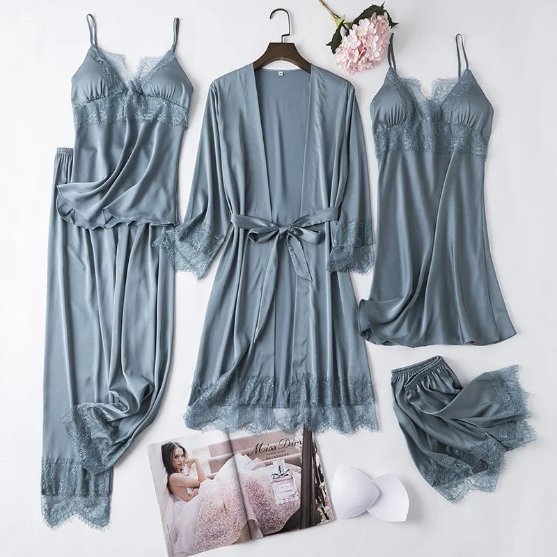 Black 5PCS Lace Satin Robe Gown Sets Sexy Womens Nighty Bathrobe Nightgown Sleep Suit Spring Sleepwear Home Kimono Pajamas
