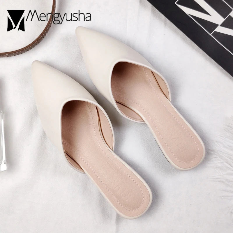 Solid Leather Flipflops Women Cover Toe Mules Pointy Toe Slides Home&Outdoor Shoes Ladies Comfy Antiskid Lazywomen Slippers 2026