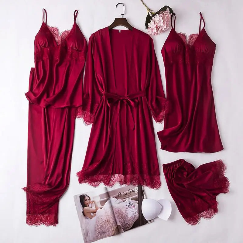 Black 5PCS Lace Satin Robe Gown Sets Sexy Womens Nighty Bathrobe Nightgown Sleep Suit Spring Sleepwear Home Kimono Pajamas