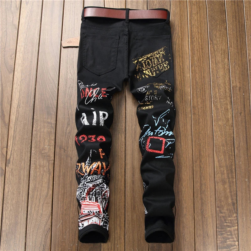 Sokotoo Men's Letters Pattern Printed Black Jeans Fashion Painted Slim Fit Stretch Cotton Denim Pencil Pants