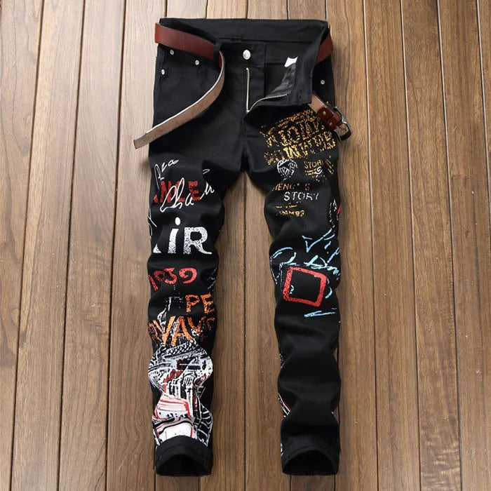 Sokotoo Men's Letters Pattern Printed Black Jeans Fashion Painted Slim Fit Stretch Cotton Denim Pencil Pants