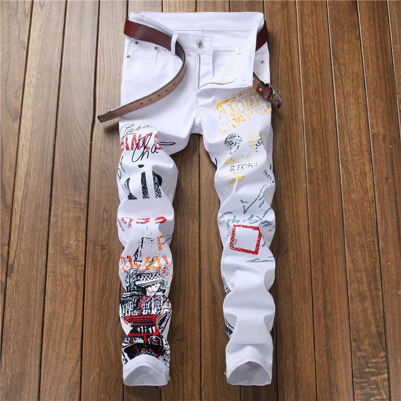 Sokotoo Men's Letters Pattern Printed Black Jeans Fashion Painted Slim Fit Stretch Cotton Denim Pencil Pants