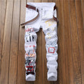 Sokotoo Men's Letters Pattern Printed Black Jeans Fashion Painted Slim Fit Stretch Cotton Denim Pencil Pants