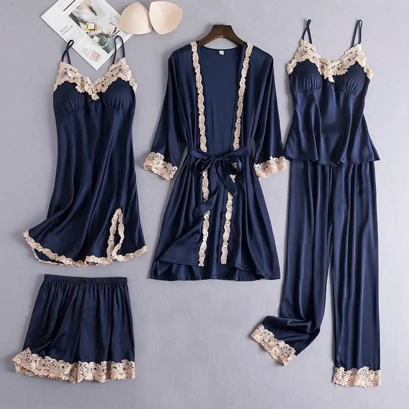 Black 5PCS Lace Satin Robe Gown Sets Sexy Womens Nighty Bathrobe Nightgown Sleep Suit Spring Sleepwear Home Kimono Pajamas