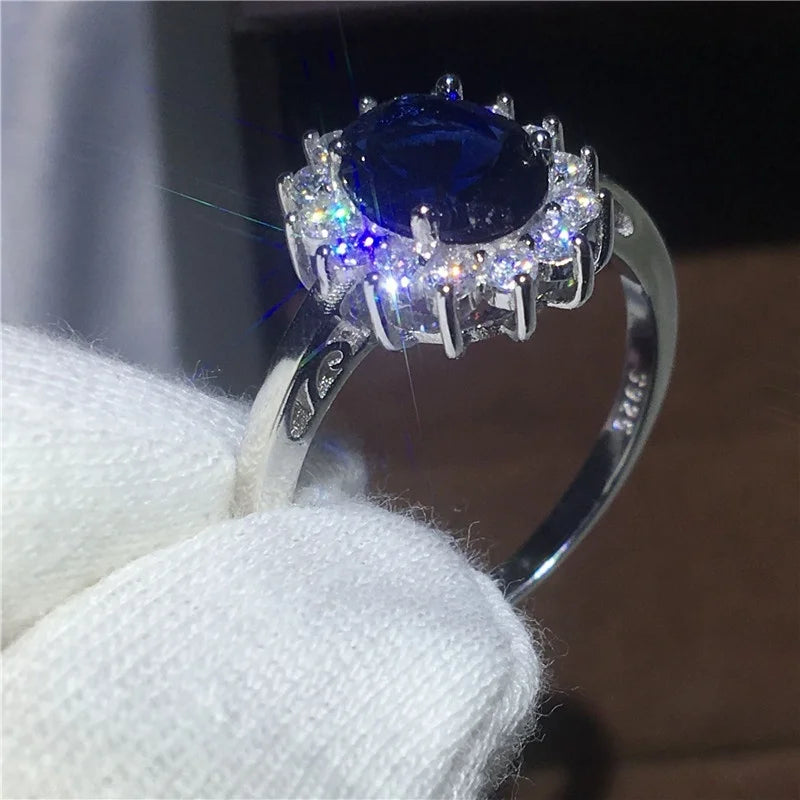 Exquisite and fashionable blue zircon set women's wedding love ring  anniversary  size US 6-11