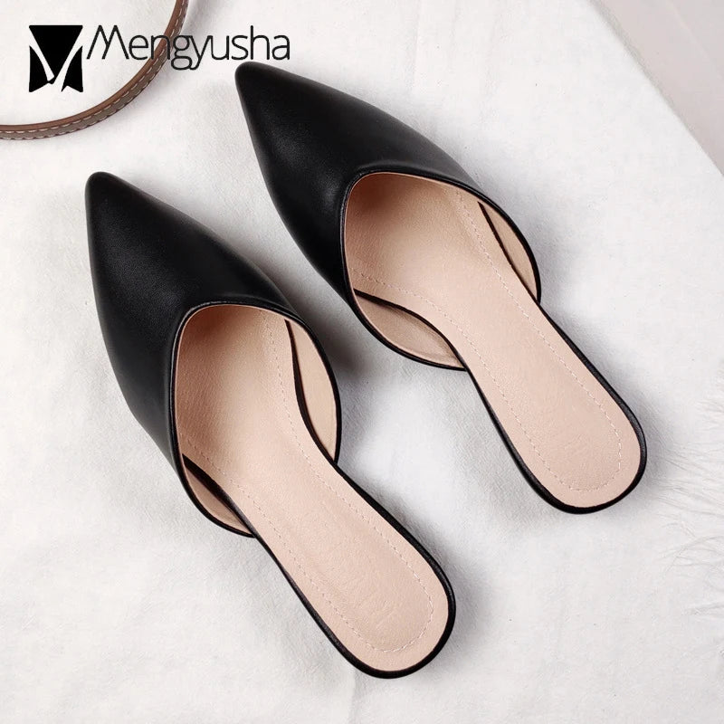 Solid Leather Flipflops Women Cover Toe Mules Pointy Toe Slides Home&Outdoor Shoes Ladies Comfy Antiskid Lazywomen Slippers 2026