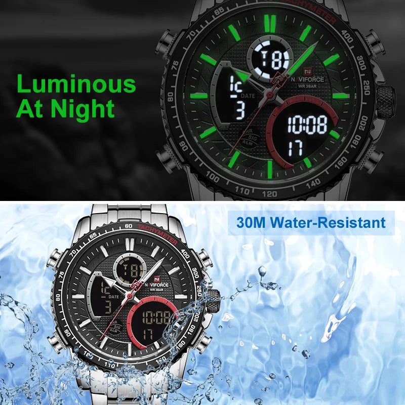 Watch Men NAVIFORCE Brand Stainless Steel Band Waterproof Quartz Wristwatch Big Sports Chronograph Clock Watches Date Male Reloj