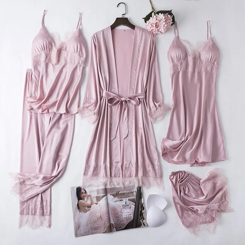 Black 5PCS Lace Satin Robe Gown Sets Sexy Womens Nighty Bathrobe Nightgown Sleep Suit Spring Sleepwear Home Kimono Pajamas