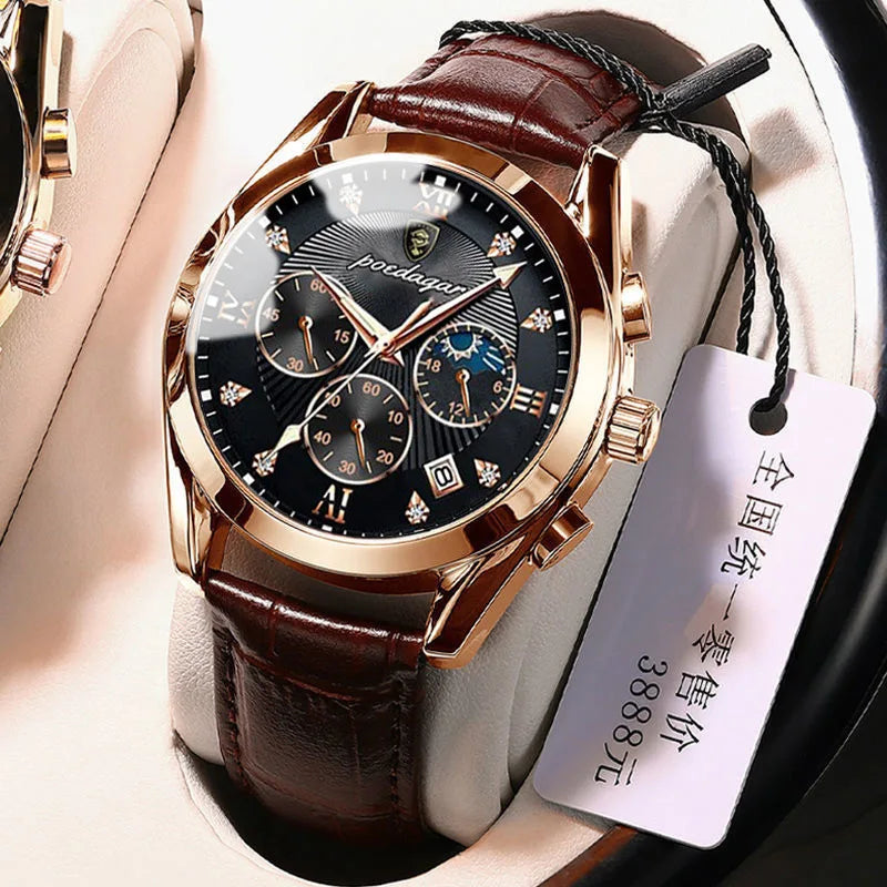 POEDAGAR 2021 Men Watches Top Brand Luxury Waterproof Luminous Leather Quartz Wristwatch Relogio Masculino Business Sport