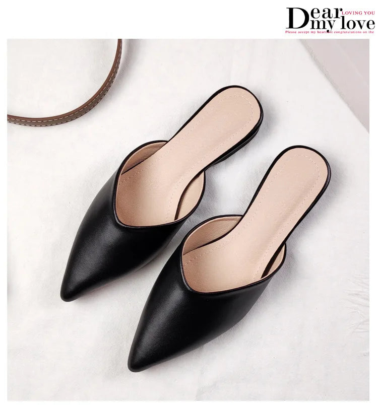 Solid Leather Flipflops Women Cover Toe Mules Pointy Toe Slides Home&Outdoor Shoes Ladies Comfy Antiskid Lazywomen Slippers 2026