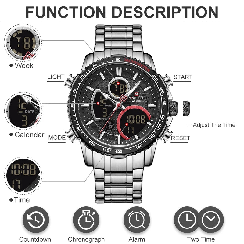 Watch Men NAVIFORCE Brand Stainless Steel Band Waterproof Quartz Wristwatch Big Sports Chronograph Clock Watches Date Male Reloj