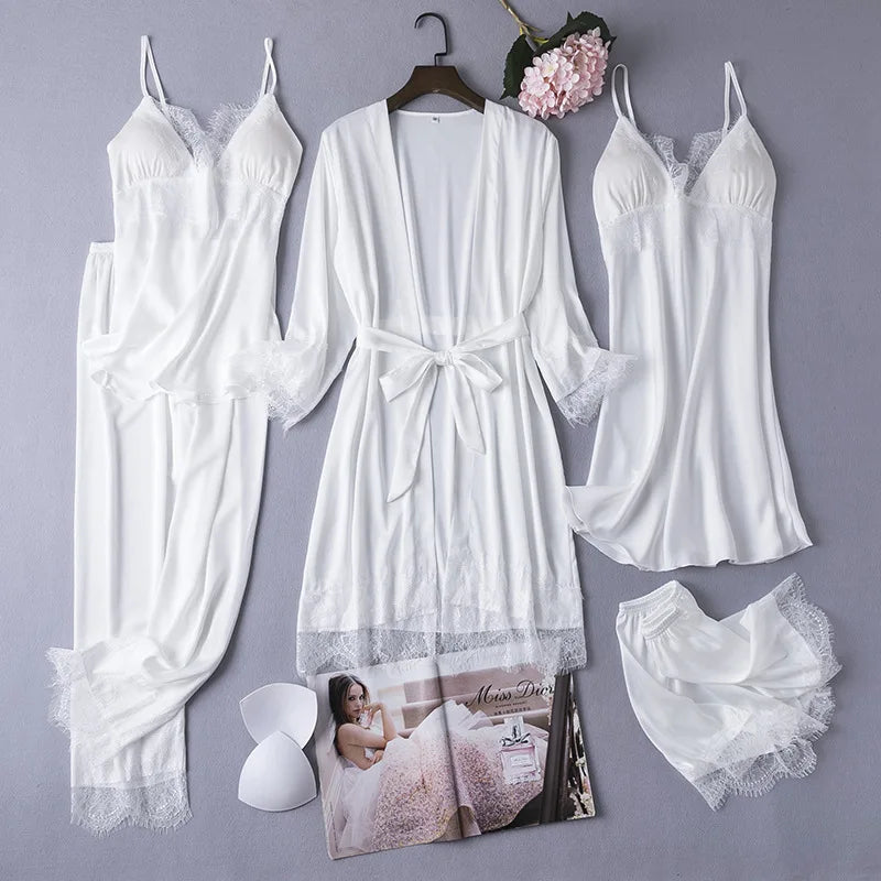 Black 5PCS Lace Satin Robe Gown Sets Sexy Womens Nighty Bathrobe Nightgown Sleep Suit Spring Sleepwear Home Kimono Pajamas