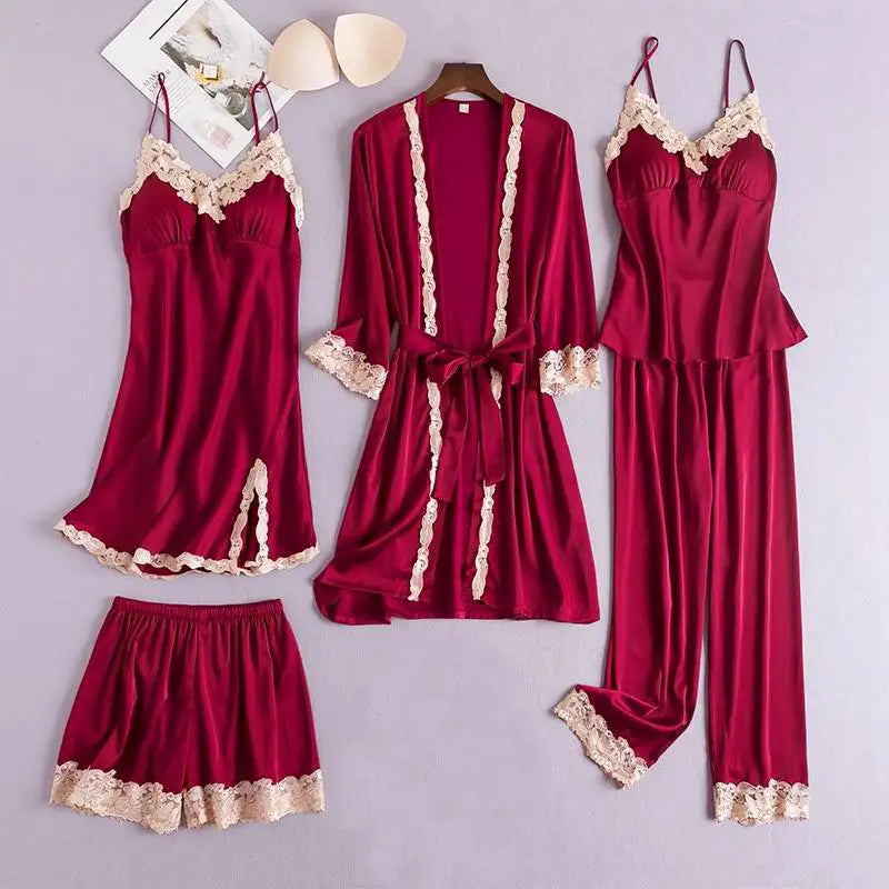 Black 5PCS Lace Satin Robe Gown Sets Sexy Womens Nighty Bathrobe Nightgown Sleep Suit Spring Sleepwear Home Kimono Pajamas