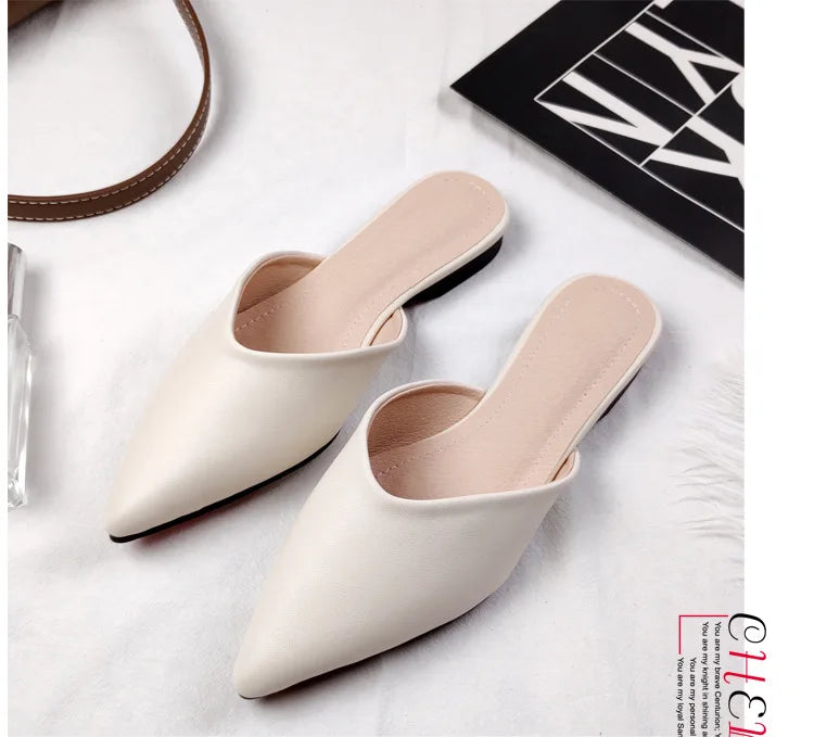 Solid Leather Flipflops Women Cover Toe Mules Pointy Toe Slides Home&Outdoor Shoes Ladies Comfy Antiskid Lazywomen Slippers 2026