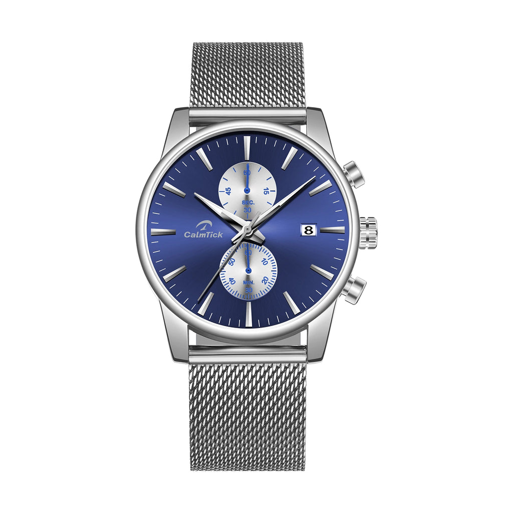 CalmTick Fashion Business Pointer Quartz Watch with Stopwatch Luminous Waterproof Metal Strap