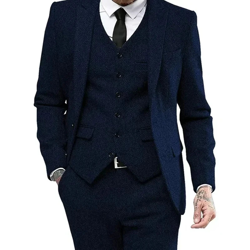 Retro Herringbone Suit for Men Stylish Vintage Tuxedo Set 3 Pieces Blazer Vest and Pant Set for Wedding Business Evening Party
