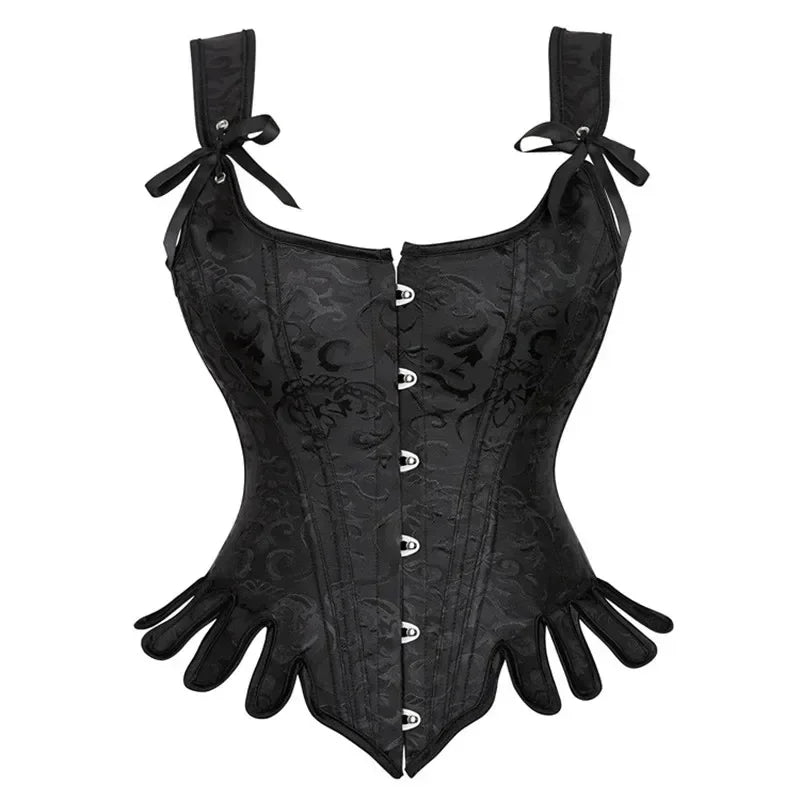 Women Corset Top with Shoulder Strap Gothic Black Blue Lace Up Overbust Embroidery Bustier Vest Renissance Costume
