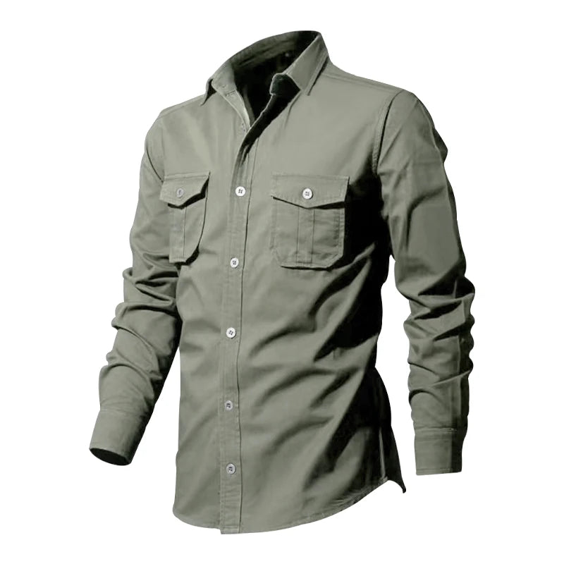 Spring And Autumn New Men's Shirt Loose Large Size Multi-pocket Vintage Cargo Shirt Solid Color Lapel Long-sleeved Shirt