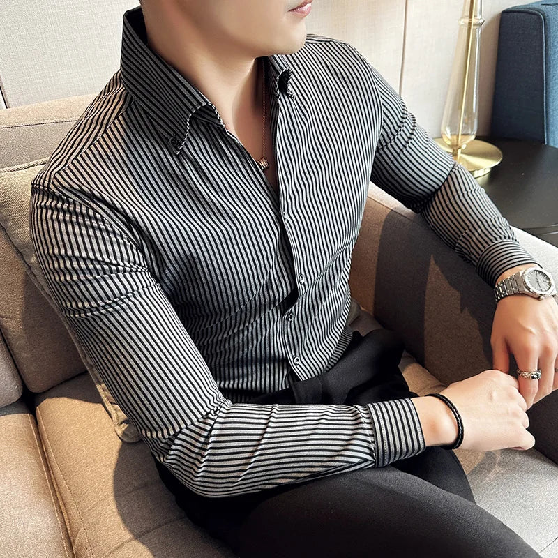 Camisas De Hombre High Quality Men's Social Shirts Slim Fit Korean Luxury Clothing Simple Long Sleeve Striped Shirts For Men