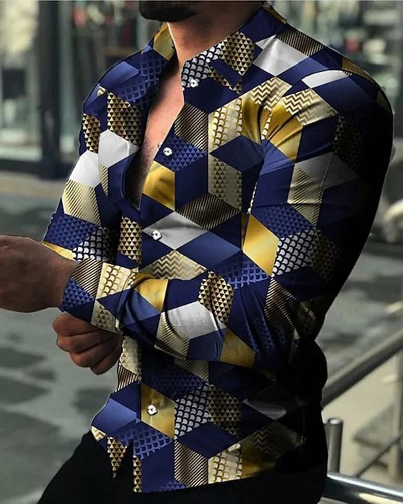 Fashion Multi-color novelty pattern 3D Print Mens Long Sleeve Shirt Tops Autumn Button Down Casual Shirt Lapel Mens Clothing