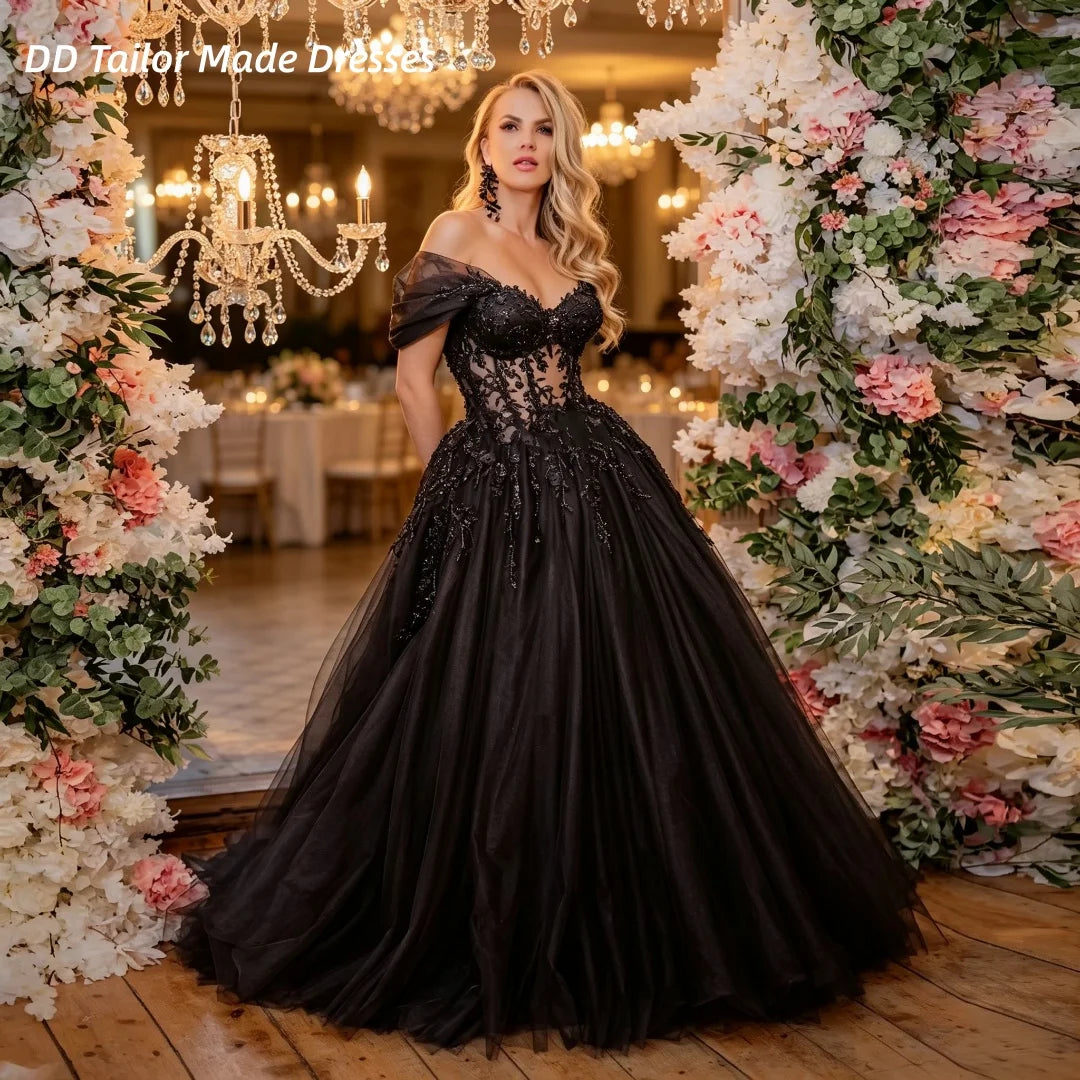 Gothic Black Wedding Dress Off The Shoulder Sweetheart Sheer Lace Beaded Tulle Long Elegant Vintage Bridal Gown Customized