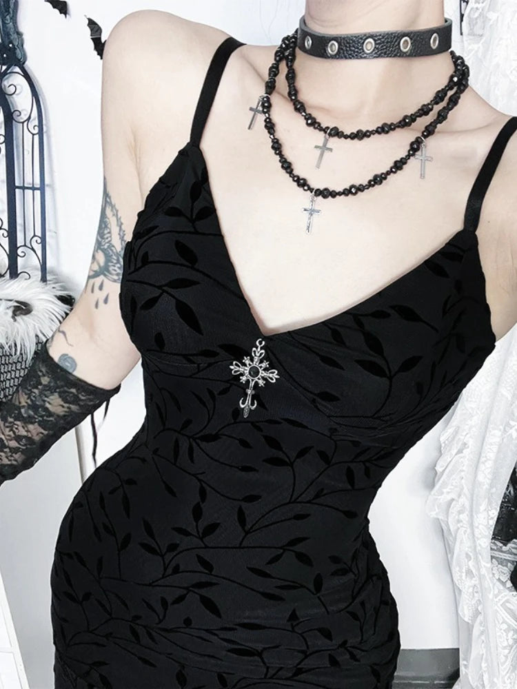 AltGoth Fairycore Grunge Gothic Flocking Dress Women Dark Vintage Elegant Spaghetti Strap High Waist Irregular Hem Dress Female