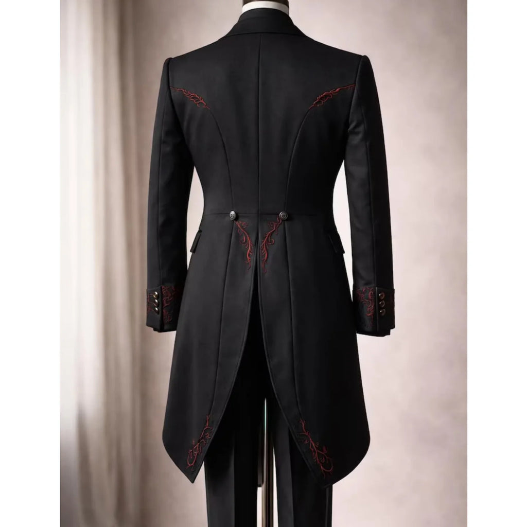 Black Tailcoat Tuxedo 3-Piece Suit with Red Embroidery Gothic Victorian Style Formal Wedding Prom Party Groom Outfit Customized