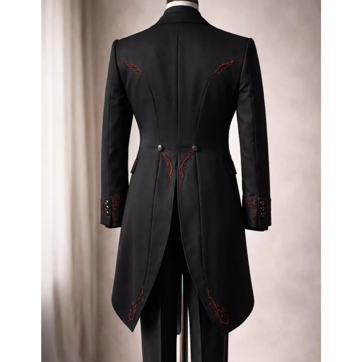 Black Tailcoat Tuxedo 3-Piece Suit with Red Embroidery Gothic Victorian Style Formal Wedding Prom Party Groom Outfit Customized