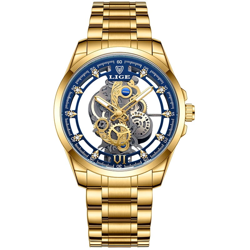 2026 LIGE Men Watch Skeleton Automatic Quartz Watch Gold Skeleton Vintage Man Watch Mens Watches Top Brand Luxury часы мужские