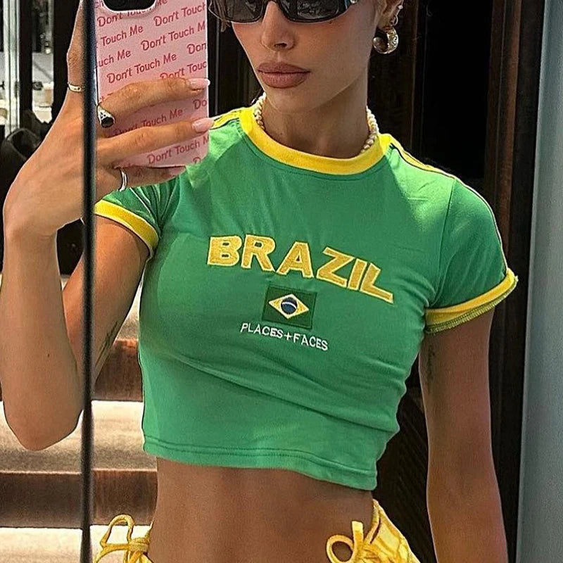 Y2k Women's T-shirt Embroidery Brazil Alphabet Print Baby Tee 2023 Aesthetic Kawaii Fashion Crop Tops Harajuku Short Sleeve Emo
