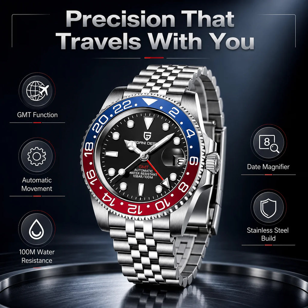 PAGANI DESIGN 40mm Luxury GMT Men Mechanical Watch Top Sapphire Glass 361L Stainless Steel 100m Waterproof Men's Automatic Mechanical Watches