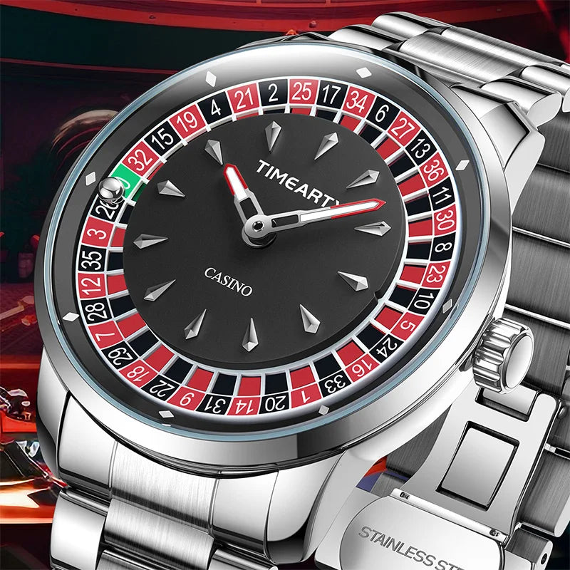 TIMEARTX Men's Watch New European Roulette Design Poker Game Fashion Quartz Movement Stainless Steel Wristwatch Father Day Gifts