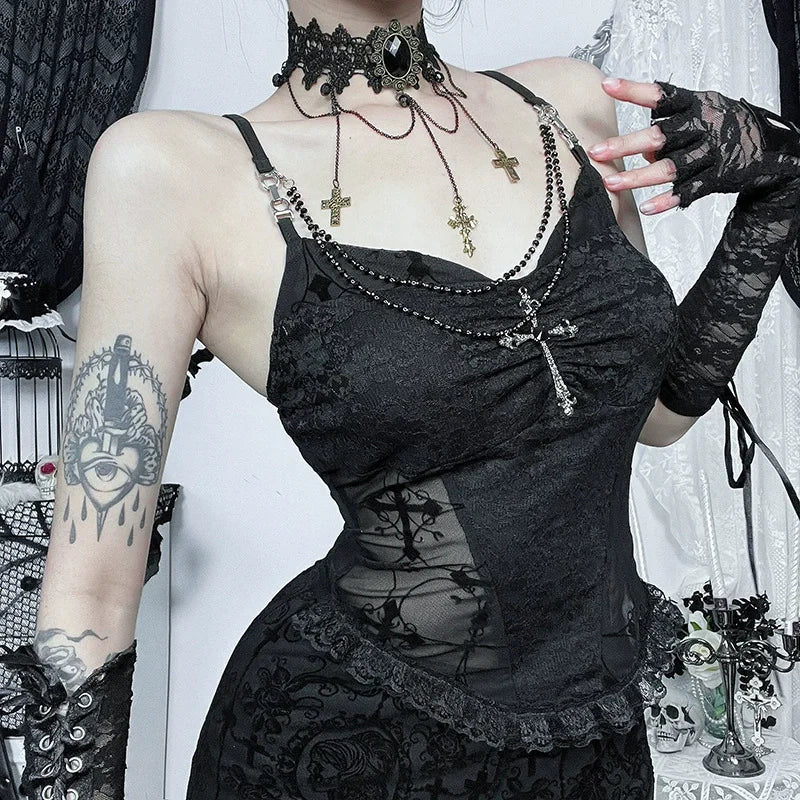 2025 Gothic Women Crop Top Skeleton Printed Black Corset Tops Sexy Aesthetic Grunge Fairy Core 90s Camisole Y2K Clothes