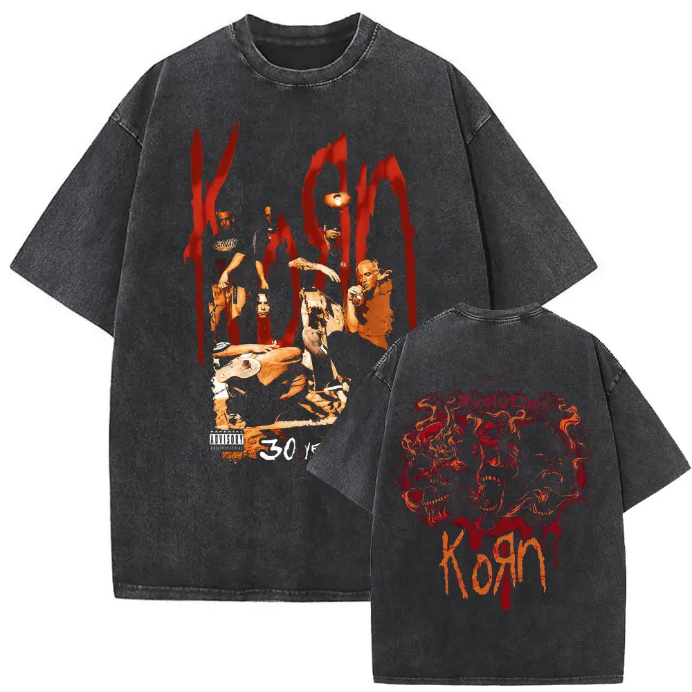 New Washed Vintage Alternative Nu Metal Rock Band Korn Print Tshirt Men Oversized T-shirts Male Fashion T Shirts Y2k Streetwear