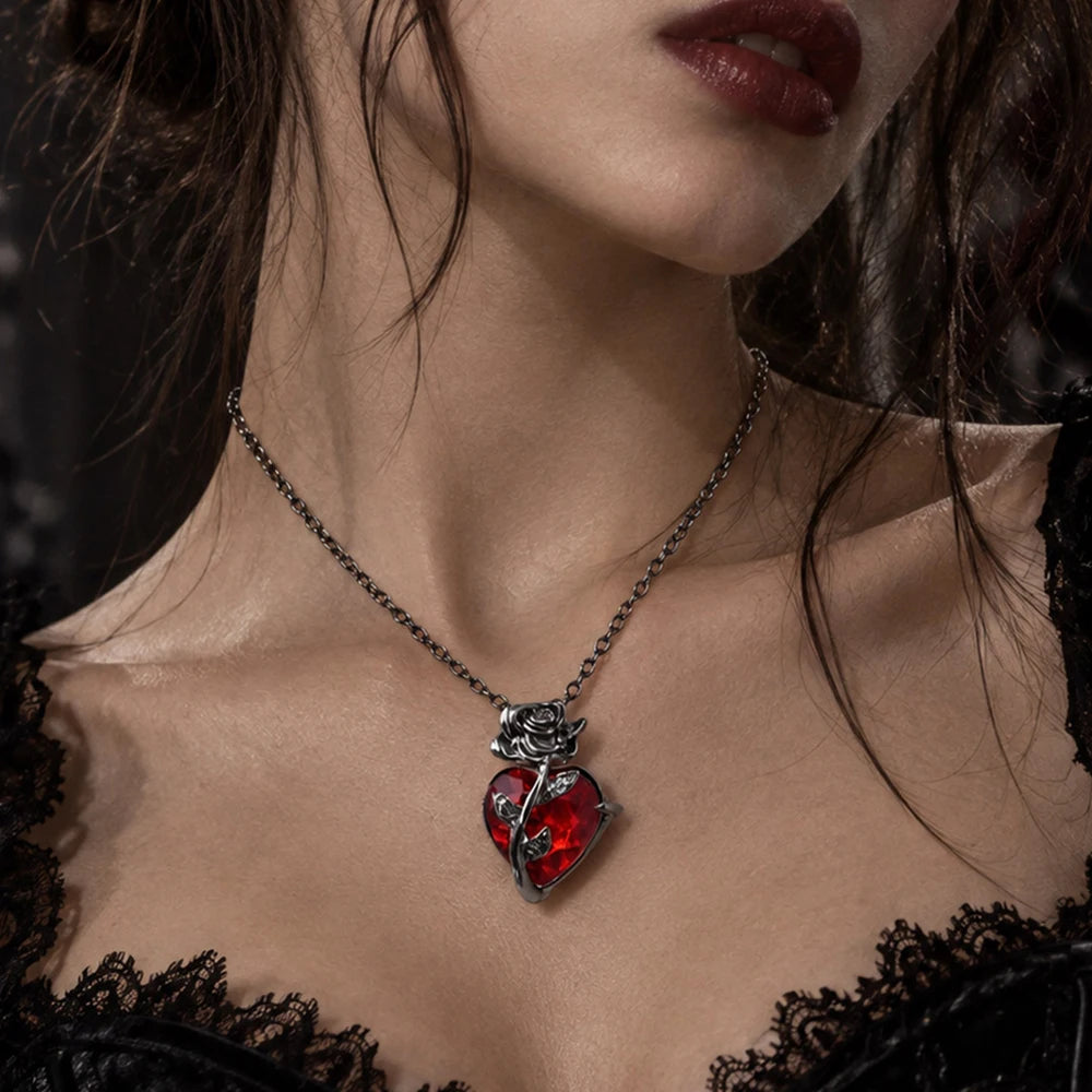 Gothic Rose Heart Necklace for Women, Red Rhinestone Pendant, Halloween Party Jewelry