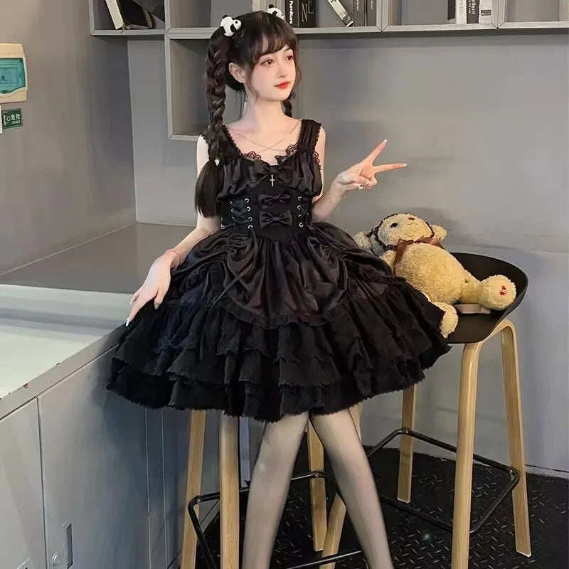 Summer Vintage Victorian Gothic Lolita Dress Women Punk Style Sweet Lace Bow Eveing Party Dresses Harajuku Y2k Princess Dress