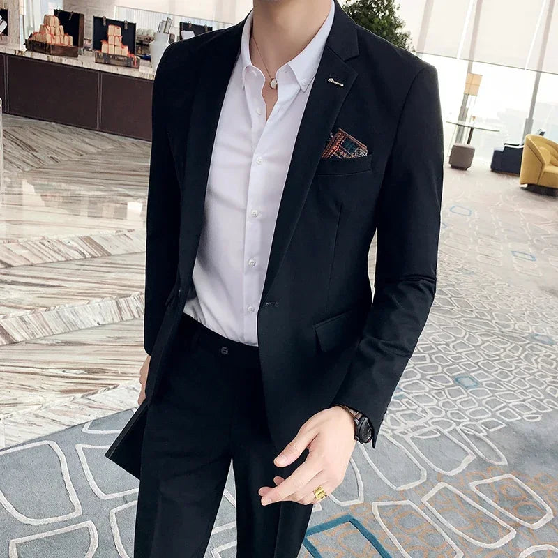 ( Blazer + Pants ) High-end Brand Formal Business Plaid Mens Suit Groom Wedding Dress Solid Color Stage Performance Tuxedo S-7XL