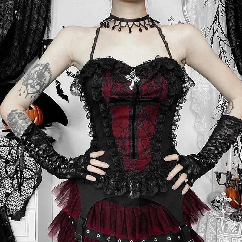 2025 Gothic Women Crop Top Skeleton Printed Black Corset Tops Sexy Aesthetic Grunge Fairy Core 90s Camisole Y2K Clothes