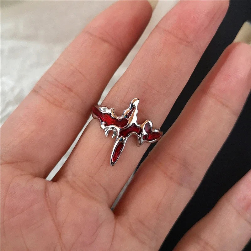 New Adjustable Opening Irregular Red Crystal Glass Heart Aesthetic Rings for Women Gothic Animal Spider Ring Creative Jewelry